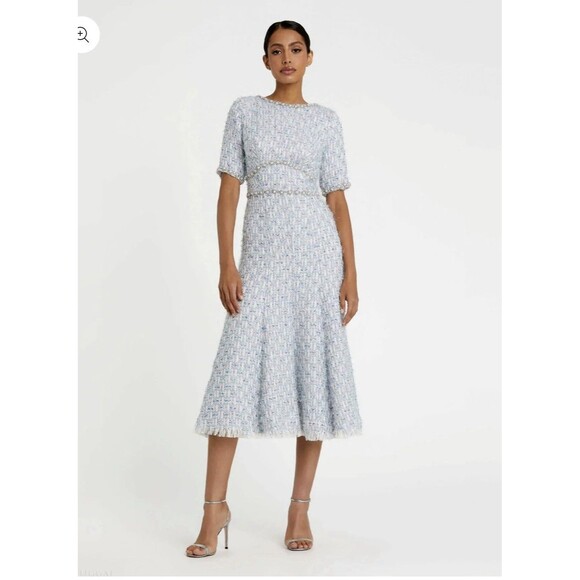 Mac Duggal NWT Blue Boucle Tweed MIDI Embellished Formal Dress 14 Short Sleeve - Picture 1 of 8